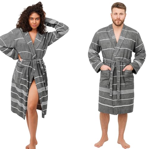 Bodho Turkish Cotton Bathrobe Bathrobe, Hooded Towel Robe Beach Pool Peshtemal Robe (L-XL,