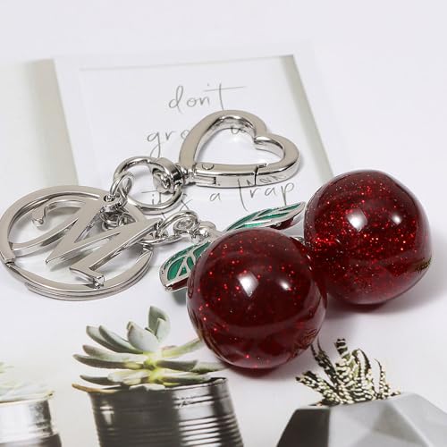 Heart-Shaped Keychain with Initial A-Z and Cherry Charm Bag Charms for Women,Car Accessories