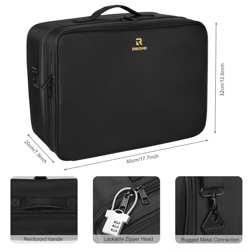 Image of Relavel Extra Large Makeup Case, Makeup Artist Set Bag Professional Cosmetic Organizer Bag Storage Box with Makeup Brush Holder, Adjustable Dividers and Shoulder Strap, Black