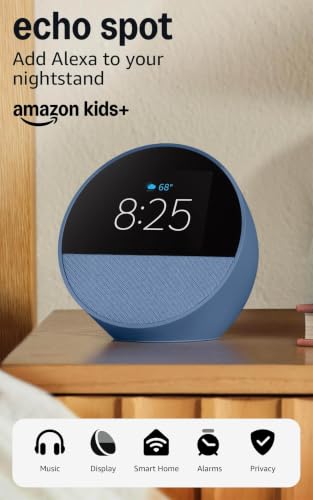 Image of Amazon Echo Spot (newest model), Smart alarm clock with vibrant sound and Alexa - Ocean Blue + 3 Months of Amazon Kids+ (with auto-renewal)