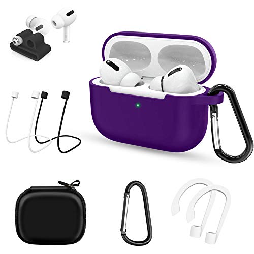 AUNEK AirPods Pro Case, 7 in 1 Chokabsorberende Protective Silicone Cover, Voorkant LED Zichtbaar Draadloos Opladen Airpods pro Hoesje met Karabijnhaak, Oorhaak, iWatch Bandhouder, Opbergtas