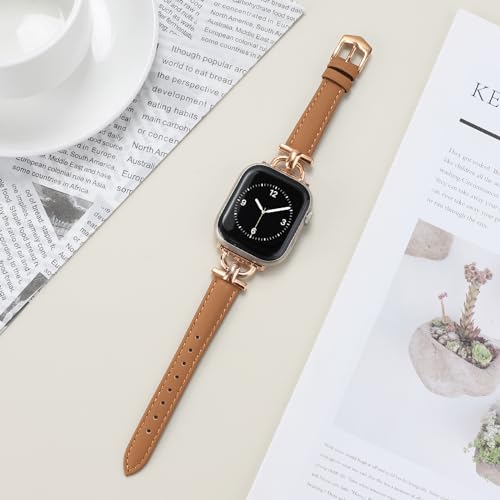 Image of Leather Band Compatible with Apple Watch Bands for Women, Dressy Fancy Strap for iWatch Series 11 /10 /9 /8 /7 /6 /5 /4 /3 /2 /1 /se(38mm 40mm 41mm 42mm,Light Brown /Rose Gold)