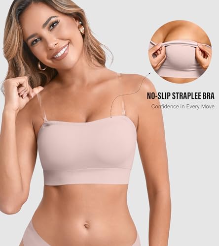 Image of DEANGELMON Strapless Bras for Women Wireless Push Up Non-Slip Bandeau Bra Seamless Clear Straps TubeTop Padded Bralette