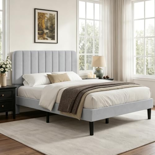Image of VECELO Queen Size Bed Frame with Upholstered Headboard, Velvet Platform Bedframe Mattress Foundation, Strong Wood Slat Support, No Box Spring Needed,Light Grey