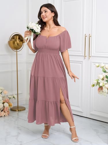 Image of SCOMCHIC Womens Plus Size Maxi Dress Formal Short Sleeve Square Neck Smocked Side Split Flowy A Line Tiered Long Dress