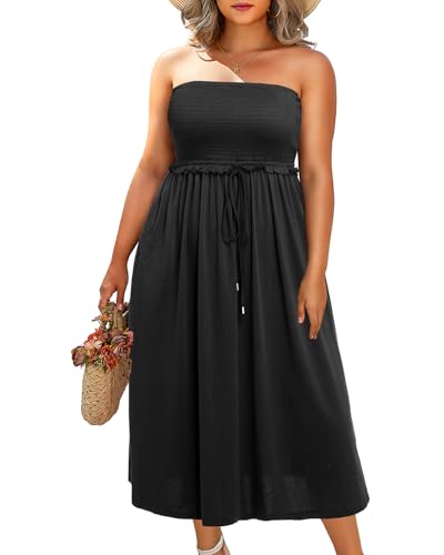 Plus Size Swimsuit Cover Up - Strapless Smocked Women Midi Swimwear Coverup with Pockets