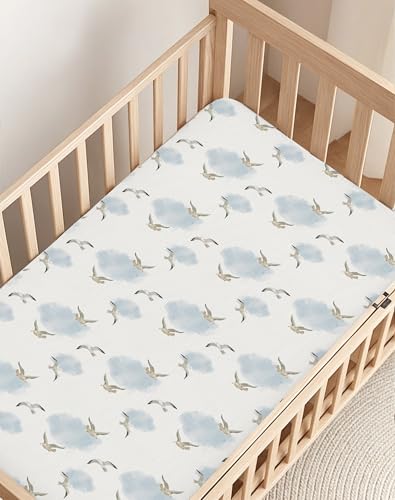 Image of Pack and Play Sheets 2 Pack, Fitted Jersey Knit Mini Crib Sheets for Baby Boys and Girls, Compatible with Graco Pack N Play and Mini Crib Mattress (Sailing Waves, Pack N Play /Mini Crib Sheets)