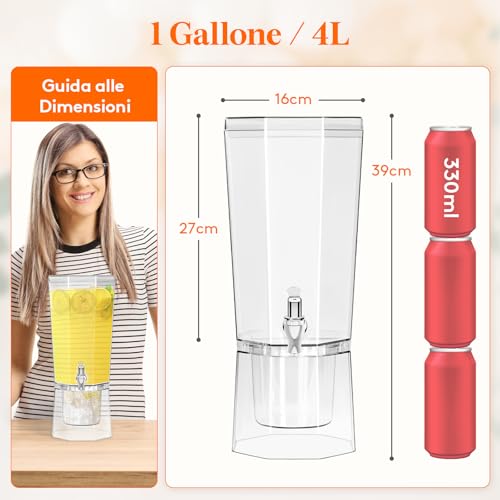 Lifewit 4L Dispenser Bevande con Rubinetto, Set di 2 (in 1 Confezione) Dispenser Acqua in Plastica, Contenitore Distributore Bevande Ghiacciati con Supporto per Cocktail, Succhi, Limonata e Tè - immagine 4