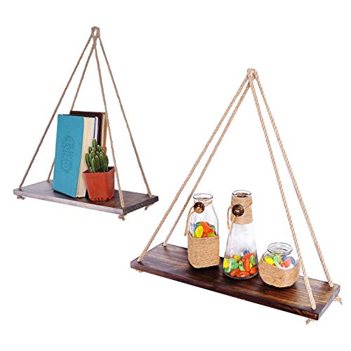 ASLINY Distressed Wood Hanging Swing Rope Floating Shelves (Brown - Dark Walnut - Great Finishes)