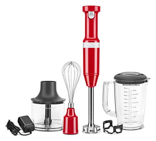KitchenAid KHBBV83PA Cordless Variable Speed Hand Blender with Chopper and Whisk Attachment, Passion Red