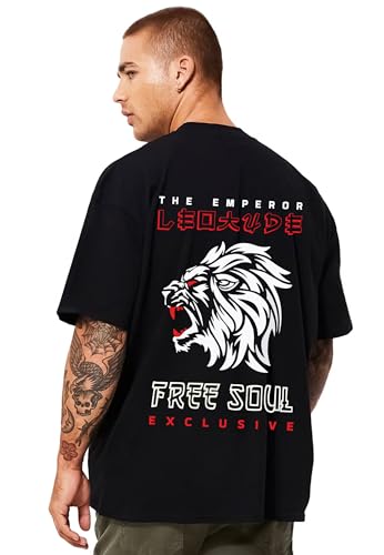 Image of LEOTUDE Men's Oversized Cottonblend Round Neck Half Sleeve Back Printed Drop Shoulder Tshirt(Color : Navy)
