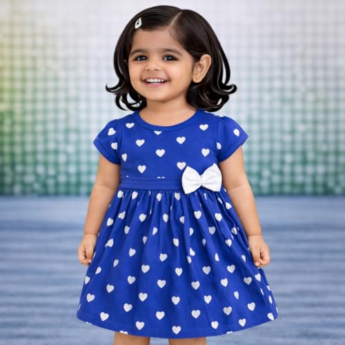 Image of babeezworld Kids Girl Heart Print Frock Dress with Bow | Cute Short Sleeve Summer Dress for Baby Girls Casual Party Outfit (1-5 Years)