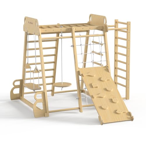 Upgraded Indoor Jungle Gym 9-in-1 Playground Kids Climbing Toys, Montessori Philosophy Waldorf Style Wooden Climber Playset with Slide, Swing, Monkey Bars, Upright/Rope Ladder, Climb Net, Natural Wood
