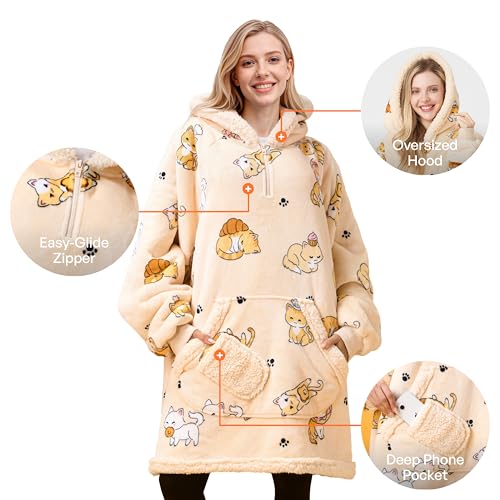 Image of Giggling Getup Wearable Blanket Hoodie for Adults Gifts for Teen Girls Sister Women Sherpa Fleece Printed Hooded Blanket Sweatshirt Warm Cozy with Pocket & Sleeves Beige Cat