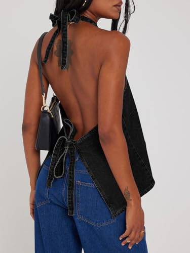 Image of Tankaneo Womens Halter Denim Vest Tops Summer Sleeveless Open Back Y2K Going Out Jean Tank Tops V Neck Button Up Waistcoat