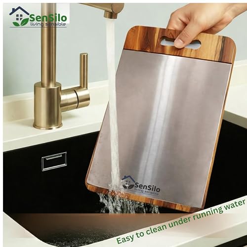 Image of Sensilo Chopping Cutting Board Vegetable,Fruit,Bread & Durable Safe & Heavy Duty, (35 x 25 cm, Steel Wood,2 in 1)
