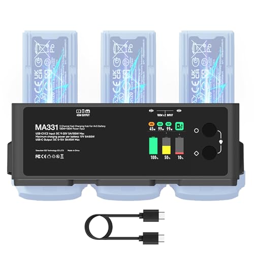 Ricarica rapida: il caricabatterie MA331 Air 3/3S può caricare rapidamente le batterie, di solito in 30-60 minuti, in modo da poter volare le tue foto aeree senza interruzioni se hai batterie di ricambio.