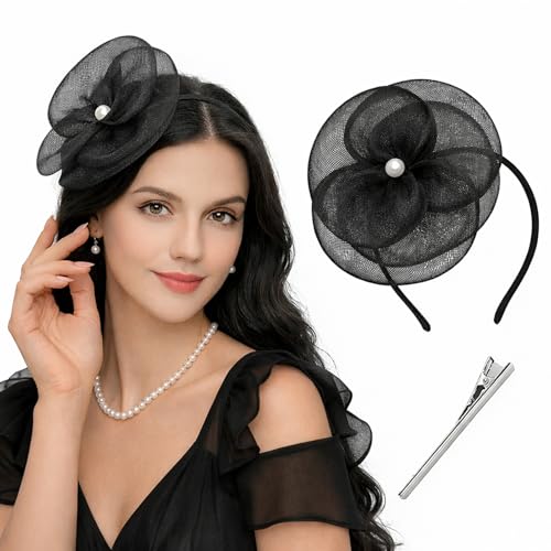 JILLICK Layered Mesh Black Fascinator with Pearl Accent and Adjustable Headband - Detachable Hair Clip for Secure Fit at Weddings Race Days Tea Parties Church Gatherings and Formal Events (Black)