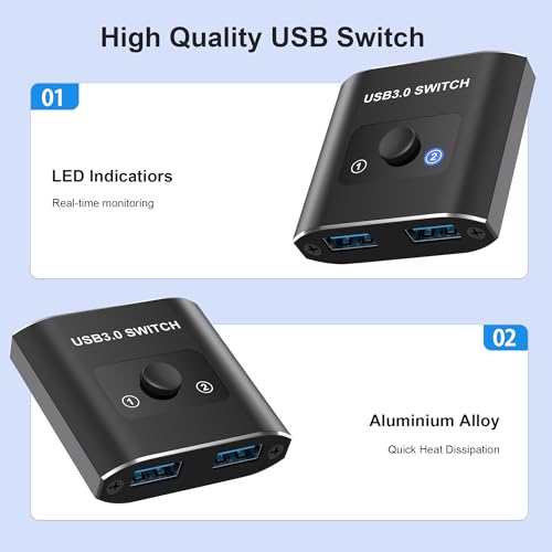 Image of USB 3.0 Switch, Bi-Directional USB Switcher 2 in 1 Out /1 in 2 Out, Aluminum USB Switch 2 Computers Share 1 Device for Printer, Mouse, Keyboard, with 2 USB 3.0 Cables