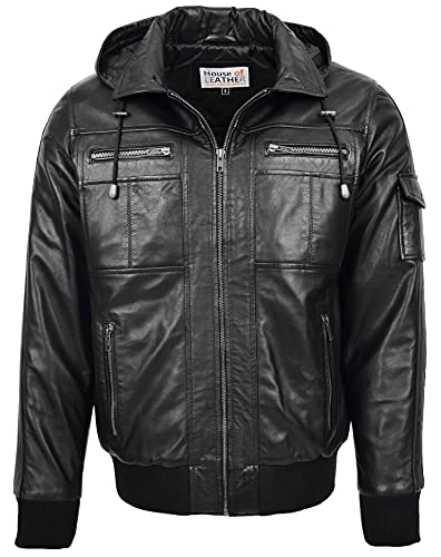 Blouson bomber à capuche détachable en cuir véritable pour homme Bronx Noir, Noir , XXXL Cover