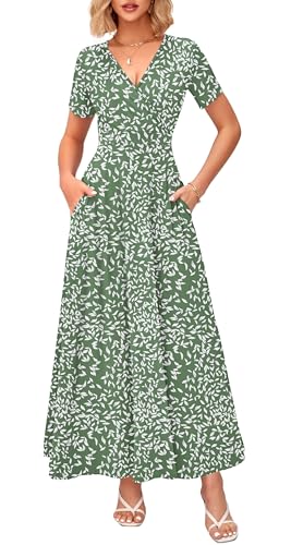Image of WNEEDU Women's Summer Maxi Dress Short Sleeves Wrap V Neck Long Dresses with Pockets