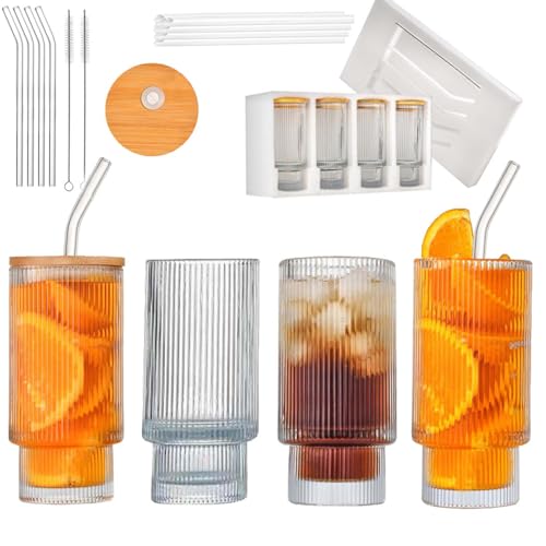 Set de 4 vasos de vidrio con tapa y sorbete