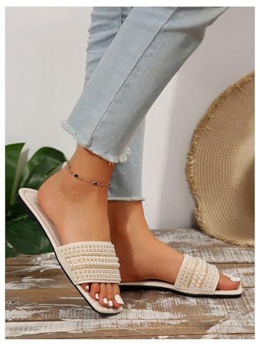 GORGLITTER Women's Pearl Summer Beach Sandals Square Open Toe Slip On Flat Slides4