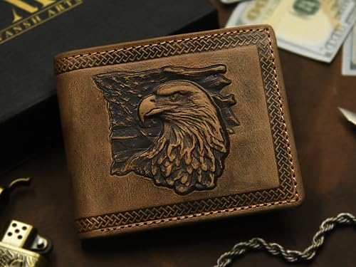 Leather Wallets For Men- 3D Embossed Eagle with USA Flag Design Bifold Leather Wallet With RFID Protection Two Cash Pockets, Two Hidden Slots And Nine Card Slots (Vintage Tan)2