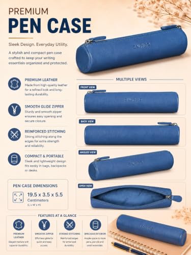 Image of Calfnero Genuine Leather Pen-Case for Men & Women | Premium Leather Pencil-Pouch with Zipper (Navy) | Cylindrical Pen-Holder Organizer for Pen, Pencils & Stationery | Unisex Pen-Sleeve