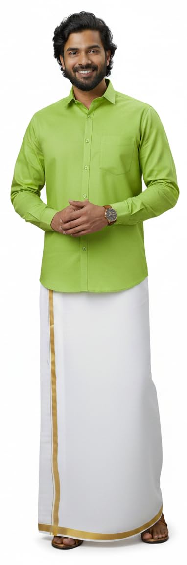 Traditional Men’s Parrot Green Pure Cotton Shirt and White Dhoti Set | South Indian Ethnic Wear for Weddings, Festivals & Poojas | Gold Zari Border Veshti & Full Sleeve Formal Shirt Combo-picture-23