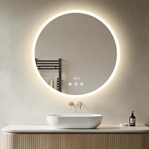 Heilmetz Badspiegel Rund mit Beleuchtung 80cm, LED Badezimmerspiegel mit Bluetooth, Uhr, Beschlagfrei, Touch Schalter, Spiegel mit 4300K Warmweiß Licht