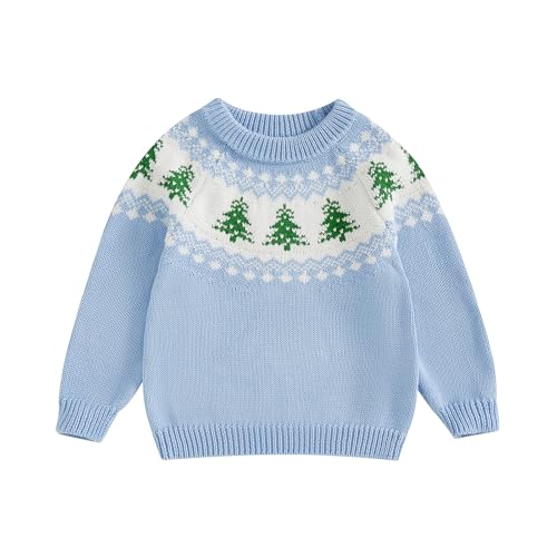 Motlapol Toddler Baby Boy Girl Christmas Outfit Tree Print Oversized Long Sleeve Crewneck Knit Sweater Winter Holiday Clothes (Sky Blue 0-3 Months)