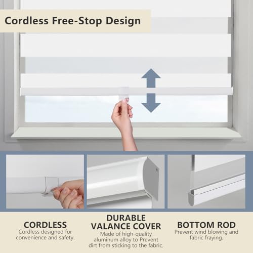 KELIXU Zebra Blinds for Windows Cordless Roller Shades with Valance Cover, Blackout Dual Layer Sheer Day and Night Blinds, Horizontal Blind for Privacy, 35" W X 72" H (89W X 183H cm), White by KELIXU - Image 4