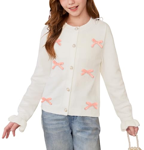 Big Girl's Winter Button Down Long Ruffle Sleeve Knitted 3D Bow Sweater Cute Back to School Cardigan White 12 Years
