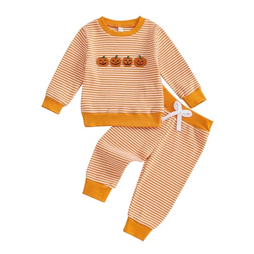 Toddler Baby Boy Girl Halloween Outfit Pumpkin Ghost Embroidery Striped Waffle Sweatshirt and Pants Set Fall Clothes