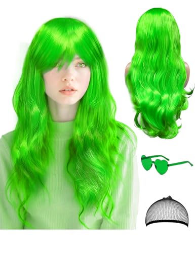 NSODREEM 28 Inch/70 cm Green Wig Long Curly Wig and Party Sunglasses Cosplay Color Wig with Neon Glasses for Women - Bachelorette Party Wigs Decorations Favors (Green)