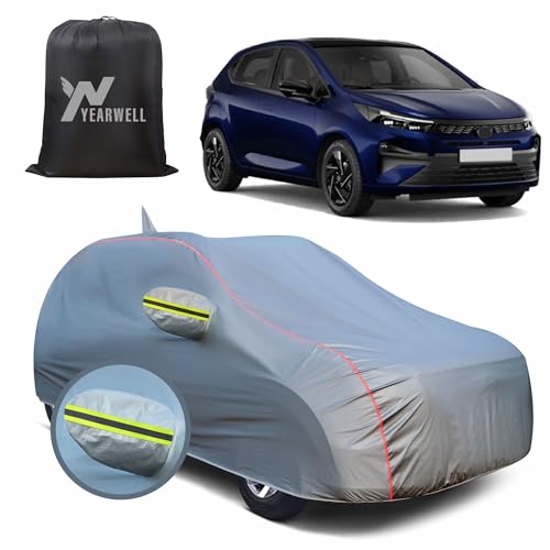 Image of Car Body Cover for Tata Altroz, 100% Waterproof, Heat-Resistant with Mirror & Antenna Pockets, Soft Cotton Lining, Triple Stitched, Green Reflector (Metallic Grey)