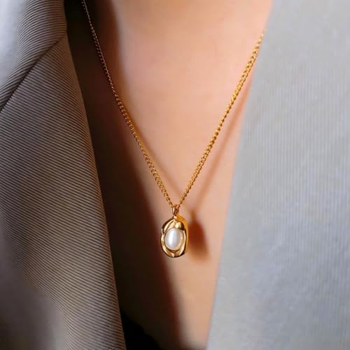 18K Gold Plated Pearl Pendant Necklace, Stainless Steel Gold Nugget Necklace with Freshwater Pearl, White Fritillaria - Trendy Jewelry3