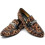 Men's Velvet Loafers, Mens Dress Shoes with Gold Chain, Classic Brown Leopard Print Loafers Slip-On Smoking Slippers, Penny Party Wedding Driving Shoes for Men