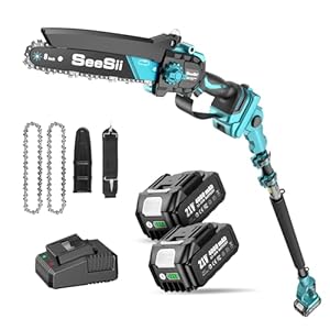 SEESII PS810 Mini Tronconneuse & Elagueuse sur Perche 8 Pouces, 2-en-1 Tronconneuse a Batterie, avec 2 x 4000 mAh Batteries, Portée 4,87 M, Système D'huile Automatique, pour Branches et Jardin