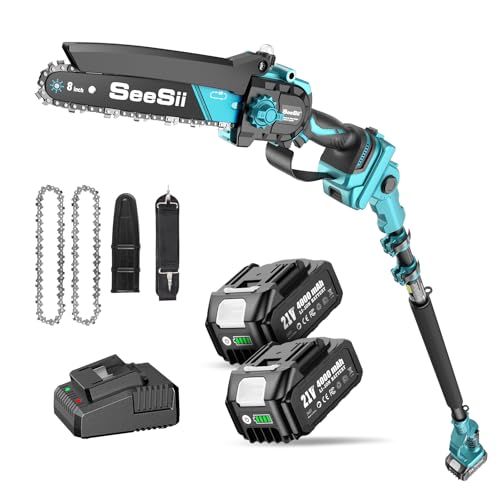 SEESII PS810 2-in-1 Hochentaster Akku, 8 Zoll Bürstenlose Mini Kettensäge mit 2 * 4.0Ah Batterien, 4,87 m Reichweite, Hochentaster Elektrisch zum Baumbeschneiden & Holzschneiden