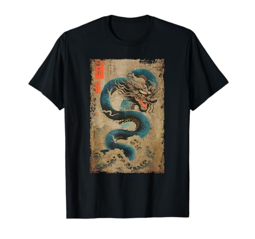 Japanese dragon and the great wave off kanagawa woodblock t-shirt