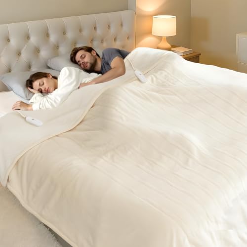 FVERWAG Electric Blanket Queen Size Dual Control - Washable Heated Blanket Queen with 5 Heat Settings 10 Hrs Auto Off ETL Certified Flannel Sherpa Heating Blankets 84 x 90 White