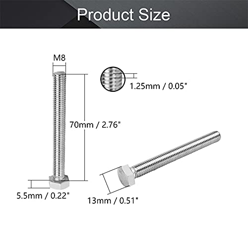 Image of MroMax 5Pcs M8-1.25 x 70mm Hex Head Screws Bolts, 316 Stainless Steel | Fully Threaded, Marine Grade A4-316, Corrosion Resistant, Silver, for Machinery & Marine Hardware, Replacement Fasteners