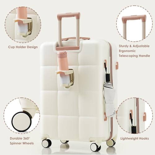 Luggage Sets 4 Piece, 20-inch with USB Port, Expandable ABS Durable Suitcase with Travel Bag, Cup Holder, ABS Hard Shell Luggage with Spinner Wheels, beige2