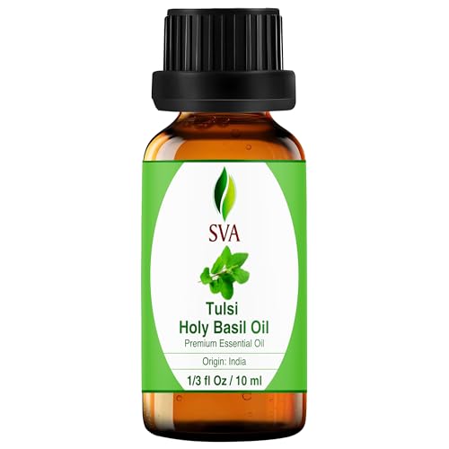 Image of SVA Holy Tulsi Essential Oil in Glass Bottle, 1 /3 Fl Oz (10 ml) | Holy Tulsi Essential Oil for Diffuser, Hair Care, Skin Care, Massage, Soap Making, Perfume Making, Fragrance & DIY Blending