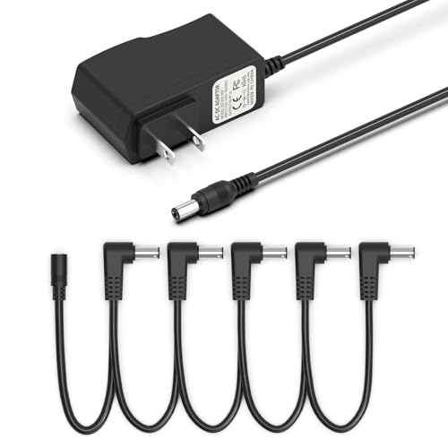 Hafiuege Guitar Pedal Power Supply Adapter 9V DC 1A, Compatible for Guitar Pedal Bass Effect Pedal Board (Tip Negative), 5 Way Daisy Chain Cables
