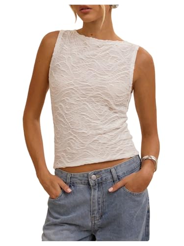 Milumia Women's Textured Crew Neck Tank Tops See Through Sleeveless Summer Tank Shirts