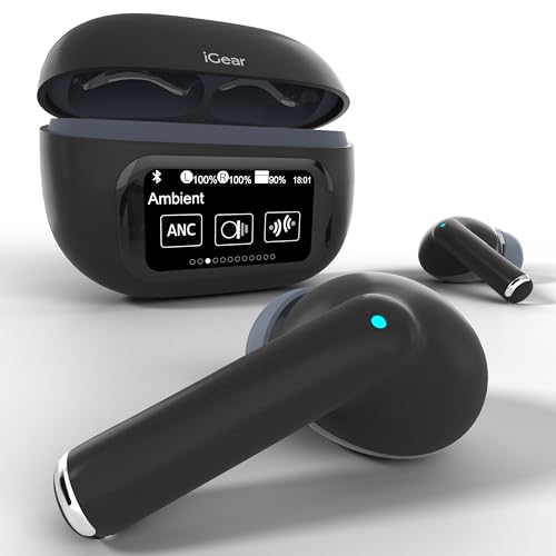 iGear PixelPod Screen TWS, ANC (32dB), HD Touch Display, Bluetooth v5.4 | Type-C Fast Charging, Voice Assistant, Spatial Audio, Find My Earbuds, EQ Modes, Transparency Mode, True Wireless Buds (Black)