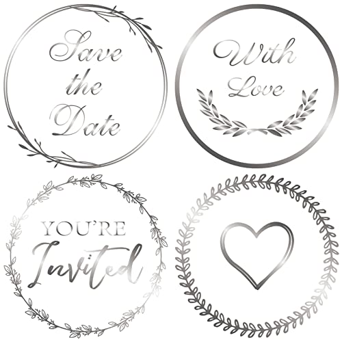 400 Pcs Wedding Envelope Seal Stickers, 4 Style Clear Foil Save The Date Stickers Foiled Silver Wedding Stickers For Invitation, 1.5 Inch #TOP14